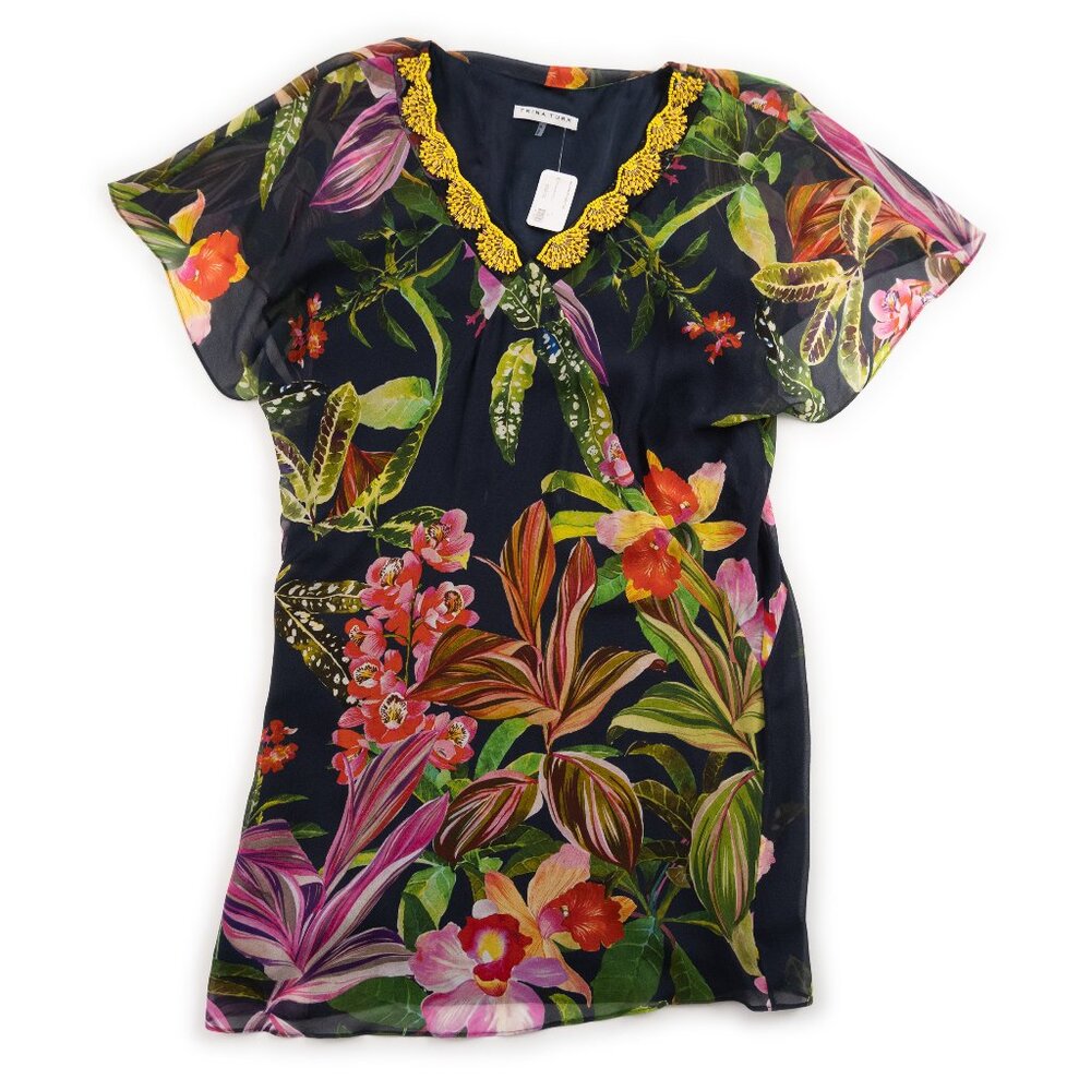 NEW TRINA TURK Navy Silk Floral Print Beaded Caftan Dress size M